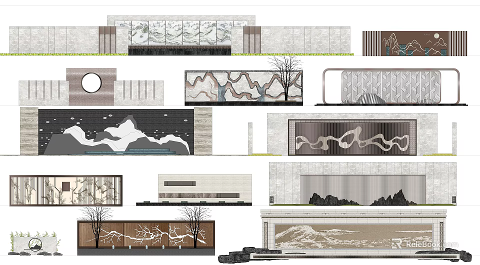 Modern Artistic Wall Designs With Mountain Patterns Trees And Geometric Shapes 3d model