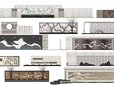 Modern Artistic Wall Designs With Mountain Patterns Trees And Geometric Shapes 3d model