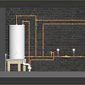 Industrial Plumbing System With Brick Wall Silver Tank Yellow Valves Concrete Floor Wooden Platform