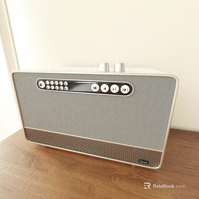 Modern Sound Speaker With Sleek Design Knobs Buttons And Display Screen On Wooden Table 3d model 