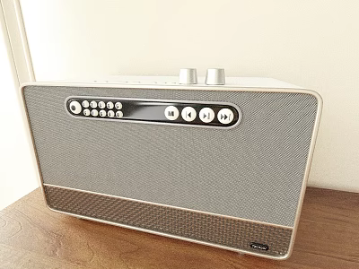 Modern Sound Speaker With Sleek Design Knobs Buttons And Display Screen On Wooden Table 3d model