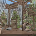 Courtyard Garden Featuring Wooden Pergola White Curtains Terracotta Pots Flowers Green Plants and Wooden Flooring