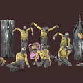 Multiple zombie like people wearing yellow shirts standing and lying in dark background