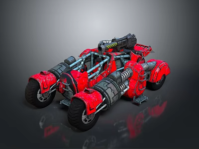 Red Futuristic Sci Fi Tricycle with Mechanical Frame and Weapon like Components Design 3d model