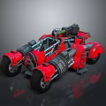 Red Futuristic Sci Fi Tricycle with Mechanical Frame and Weapon like Components Design 3d model