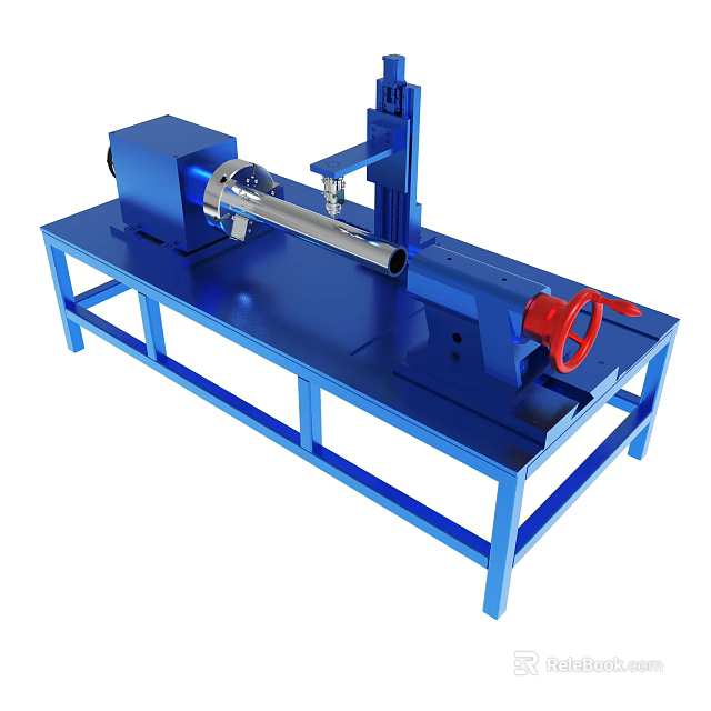 Blue Industrial Mechanical Device With Metal Components And Red Wheel On Workbench 3d model