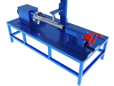 Blue Industrial Mechanical Device With Metal Components And Red Wheel On Workbench 3d model