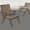 Modern Accent Chairs with Rattan Backrest Wooden Frame and Light Colored Cushion