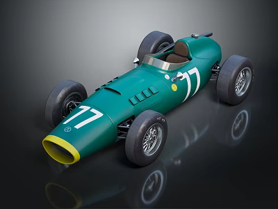 Vintage Green Race Car with Number 17 Yellow Front and Streamlined Design 3d model
