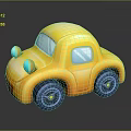 Yellow Toy Car With Blue Wheels And Orange Headlights On Reflective Surface