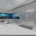 High Tech Control Room With Multiple Screens Hexagonal Floor White Walls And Ceiling Lights