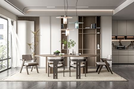 Modern Restaurant Dining Table and Chair Chandelier Vase Decoration Cabinet Sideboard 3d model