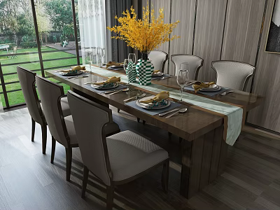 Modern Dining Table Set with Six Chairs Yellow Flowers Tableware and Large Windows Lawn View 3d model