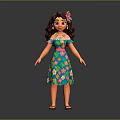 Cartoon Female Character With Long Brown Hair Pink Flower Hairpiece Turquoise Floral Dress Sandals