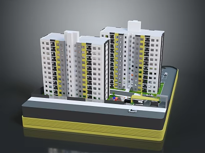 Urban Residential Building Complex Model Featuring White High Rise Structures Yellow Accents And Green Spaces 3d model