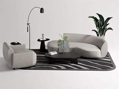 Modern Gray Sofa And Black Coffee Table With Striped Rug Floor Lamp And Potted Plant 3d model