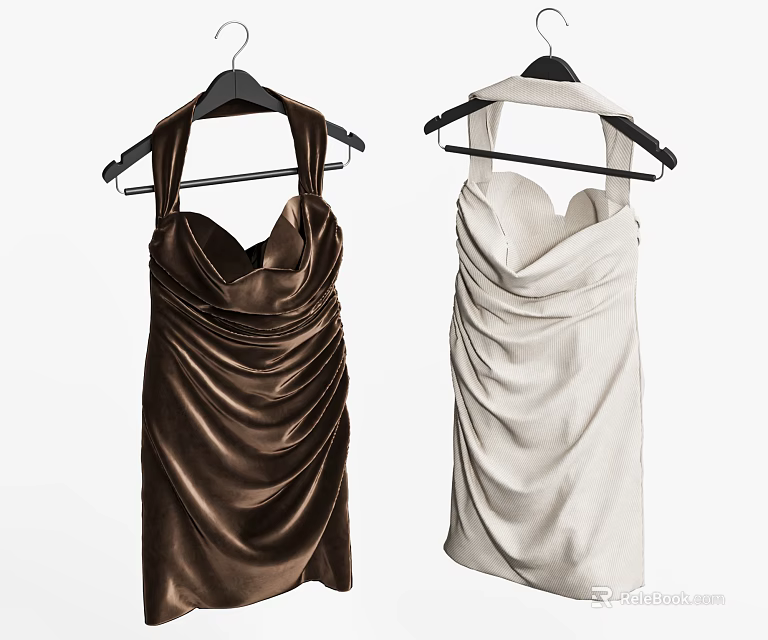 Two Elegant Brown and Cream Satin Dresses with Ruched Design Hanging on Black Hangers 3d model 