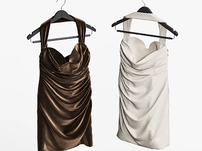 Two Elegant Brown and Cream Satin Dresses with Ruched Design Hanging on Black Hangers 3d model