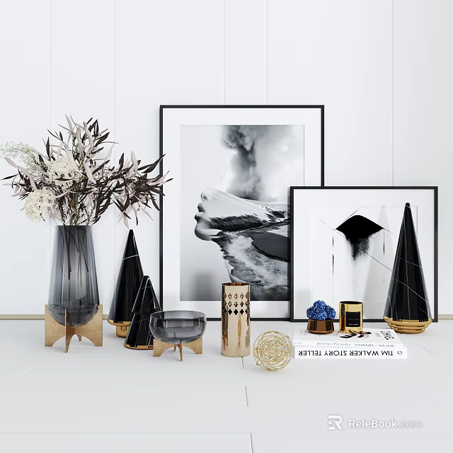 Decorative Ornament Set with Vase Flowers Black Cones Picture Frames Gold Stand Blue Gem Decor 3d model 
