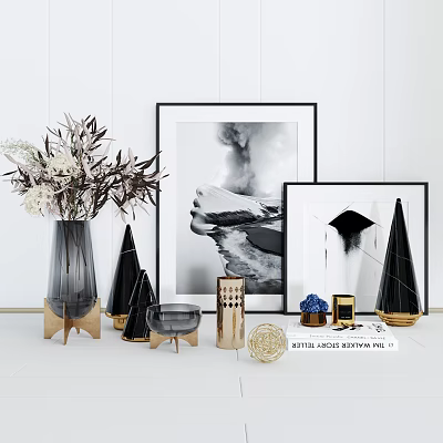 Decorative Ornament Set with Vase Flowers Black Cones Picture Frames Gold Stand Blue Gem Decor 3d model