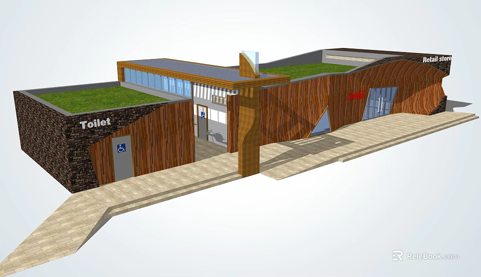 Modern Toilet Building Design With Wooden Structure Green Roof And Glass Windows 3d model 