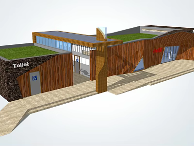 Modern Toilet Building Design With Wooden Structure Green Roof And Glass Windows 3d model