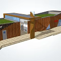 Modern Toilet Building Design With Wooden Structure Green Roof And Glass Windows