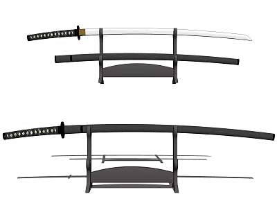 Traditional Japanese Katana Sword with Black Sheath on Wooden Display Stand 3d model