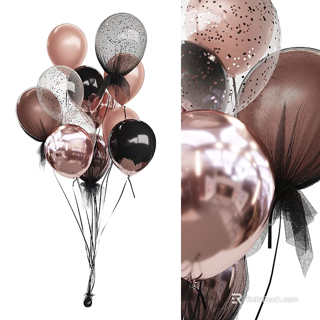Elegant Inflatable Balloons In Rose Gold Black Pink With Tulle Decor For Party Events 3d model 
