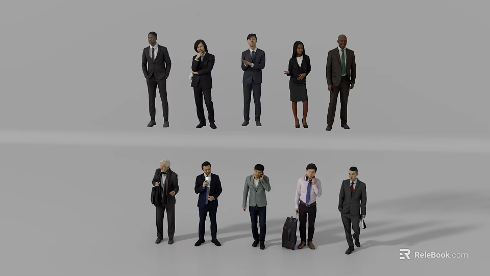 Group of Business Professionals Standing in Formal Attire with Briefcases and Suitcase 3d model 