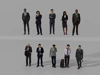 Group of Business Professionals Standing in Formal Attire with Briefcases and Suitcase 3d model