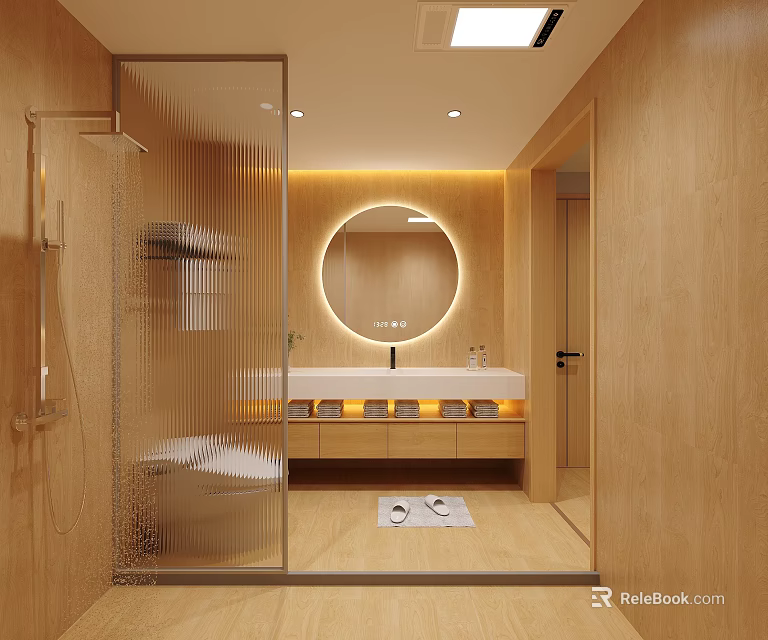 Hotel Bathroom Design With Transparent Glass Shower Round Illuminated Mirror Wooden Walls And Vanity Counter 3d model 