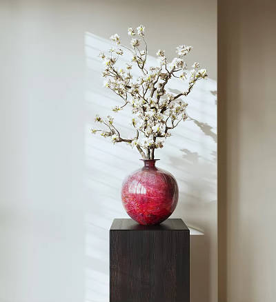 Red Vase with White Flowering Branches on Dark Square Pedestal in Soft Light and Shadow 3d model