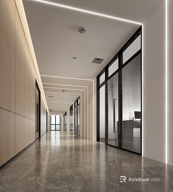 Modern Office Corridor With Wooden Walls Glass Partitions Gray Flooring And Ceiling Lights 3d model 