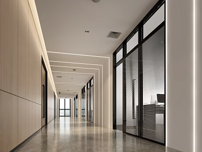 Modern Office Corridor With Wooden Walls Glass Partitions Gray Flooring And Ceiling Lights 3d model