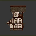 Medieval Wooden Building With Brown Roof Multi Level Design Chimney Arched Windows and Sandy Base