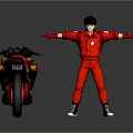 Red Motorcycle With Number 14 And K Logo Next To Figure In Red Outfit