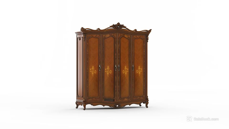 Classical Wooden Wardrobe With Carved Details Four Doors And Ornate Top 3d model 