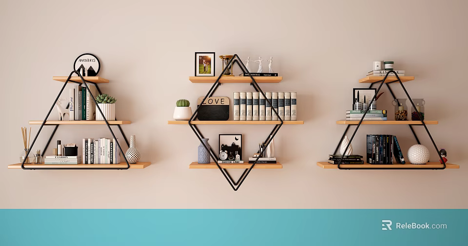 Minimalist Wooden Wall Cabinets With Books Plants Photo Frames And Decorations 3d model 