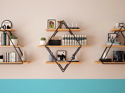 Minimalist Wooden Wall Cabinets With Books Plants Photo Frames And Decorations 3d model