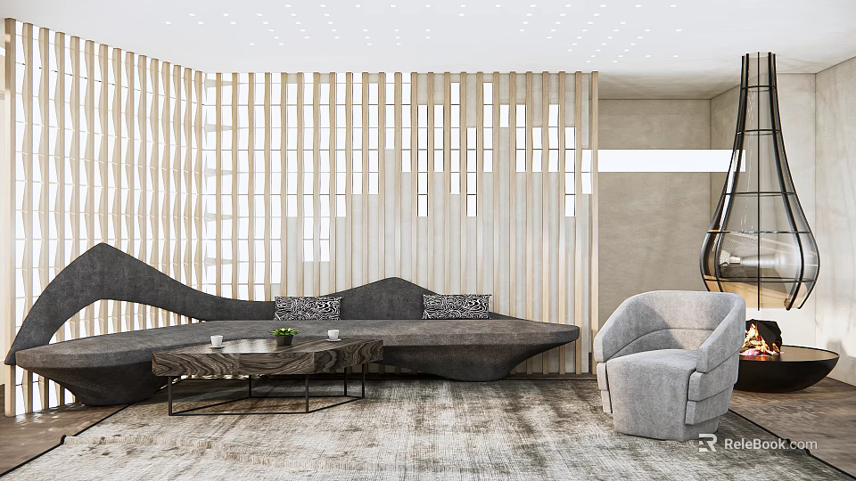 Modern Sofa And Coffee Table Set With Accent Chair And Wooden Slat Wall Design 3d model 