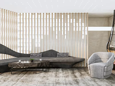 Modern Sofa And Coffee Table Set With Accent Chair And Wooden Slat Wall Design 3d model