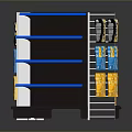 Retail Store Shelving Unit With Blue Layers Black Frame And Colorful Products