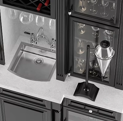 Modern Kitchen Faucet Above Stainless Steel Sink With Black Cabinets And Wine Glass Rack 3d model