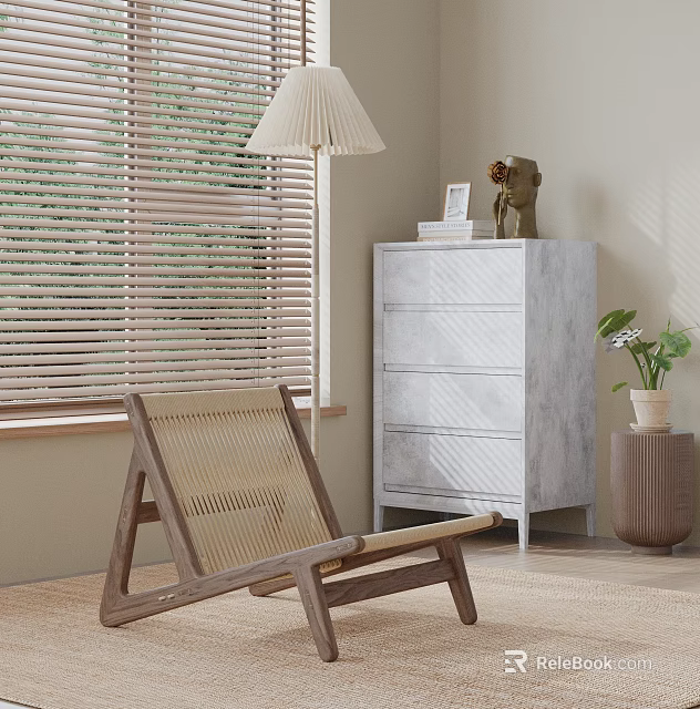 Cozy Woven Lounge Chair with Wooden Frame in Room with Blinds Dresser and Plant 3d model 