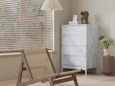 Cozy Woven Lounge Chair with Wooden Frame in Room with Blinds Dresser and Plant 3d model