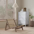 Cozy Woven Lounge Chair with Wooden Frame in Room with Blinds Dresser and Plant