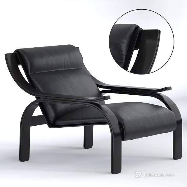 Modern Black Leather Lounge Chair With Curved Frame And Armrest Design Details 3d model 