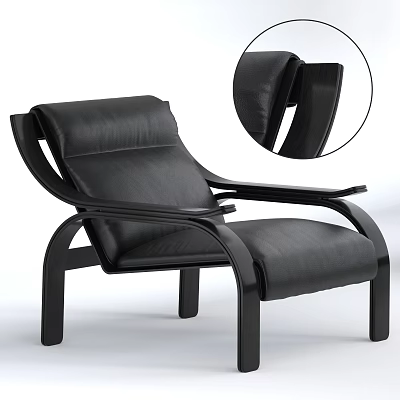 Modern Black Leather Lounge Chair With Curved Frame And Armrest Design Details 3d model