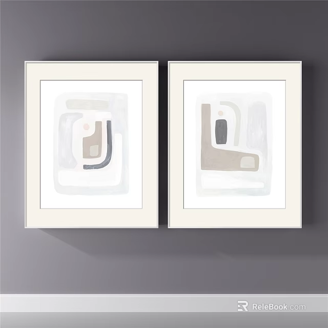 Two White Framed Abstract Wall Artworks With Minimalist Geometric Neutral Patterns 3d model